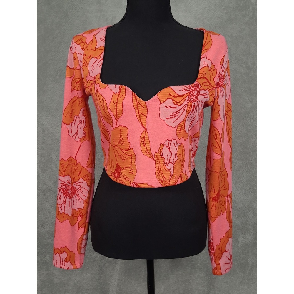 Zara Floral Sweetheart‎ Jacquard Crop Top L Long Sleeve Pink Orange Blogger Fav